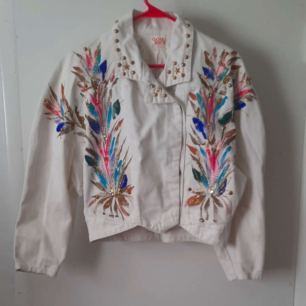 Joyce Holder Hand Painted  White, Pink  and Blue Retro Bomber Jacket